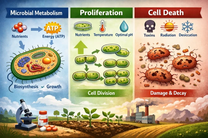 Mikrobielle Stoffwechselproliferation und Absterben von Mikroorganismen